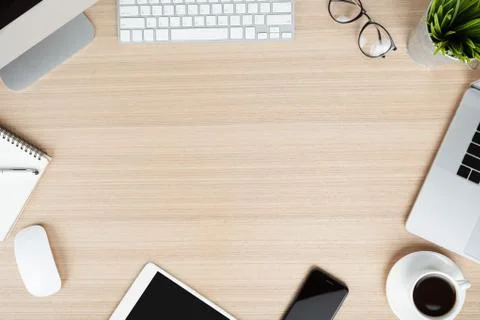 Modern communicator on work desk top view angle Foto stock