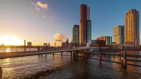 Modern Complex Golden Hour Sunset, Timelapse. Rotterdam, The Netherlands Stock Footage 315879172