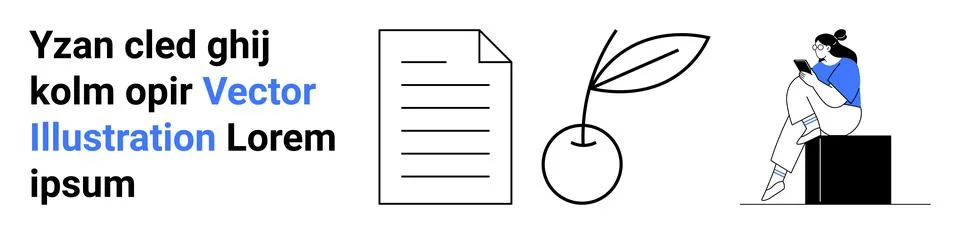 Modern Composition Text, Document Icon, Cherry Symbol, and Person Using Phone Stockillustratie