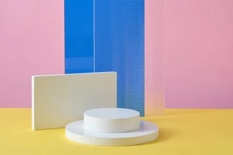 Modern composition of two round podiums and rectangle podium. Blank template  Stock Photos