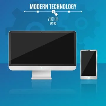 Modern computer and phone on a blue background. Empty, black screen of the .. Illustrazione stock