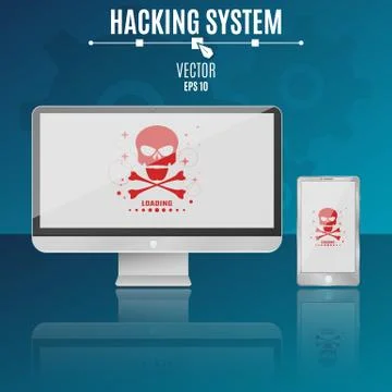Modern computer and phone on a blue background. Hacking system. Red skull o.. Illustrazione stock