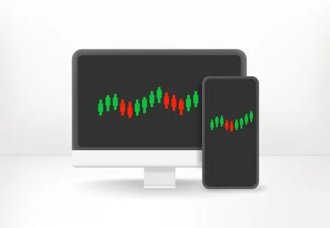 Modern computer and smartphone with charts. 3d vector icon Stock Illustration