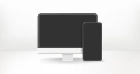 Modern computer and smartphone with empty screens. 3d vector icon Illustrazione stock