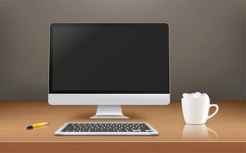 Modern computer with black screen on a wood mirror table. 3d vector mockup Stock Illustration