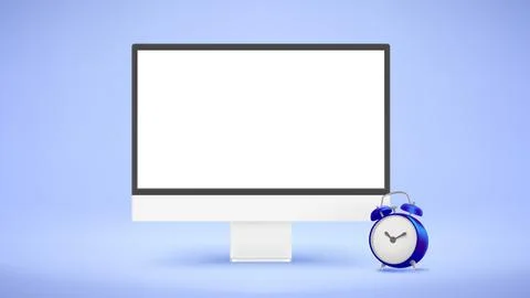 Modern computer with blank screen and blue clock. Time management concept. .. 스톡 일러스트