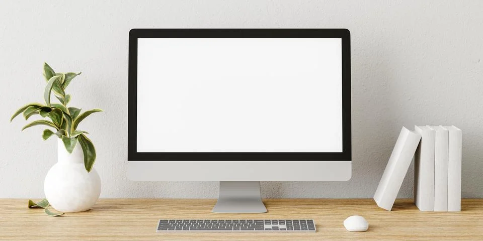 Modern computer with blank screen in a modern desk. 3d render Illustrazione stock