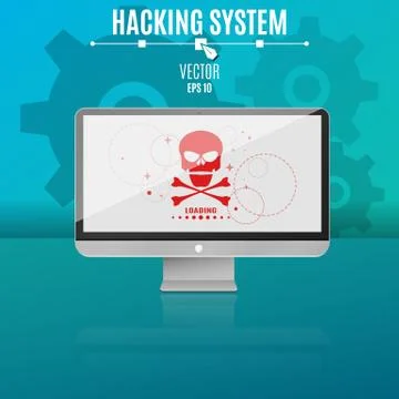 Modern computer on a blue background. Hacking system. Red skull on the moni.. Illustrazione stock