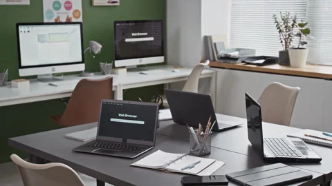 Modern Computer Class Interior with laptops on Desk Stock Footage 333711709