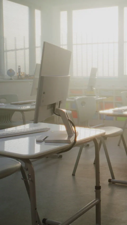 Modern Computer Classroom with Computer Monitors for Digital Education Stock Footage 317167220