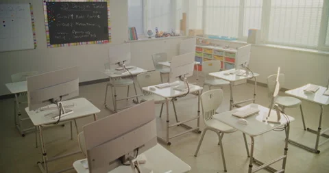 Modern Computer Classroom with White Desks, Chairs and Computer Monitors for Stock Footage 316299269