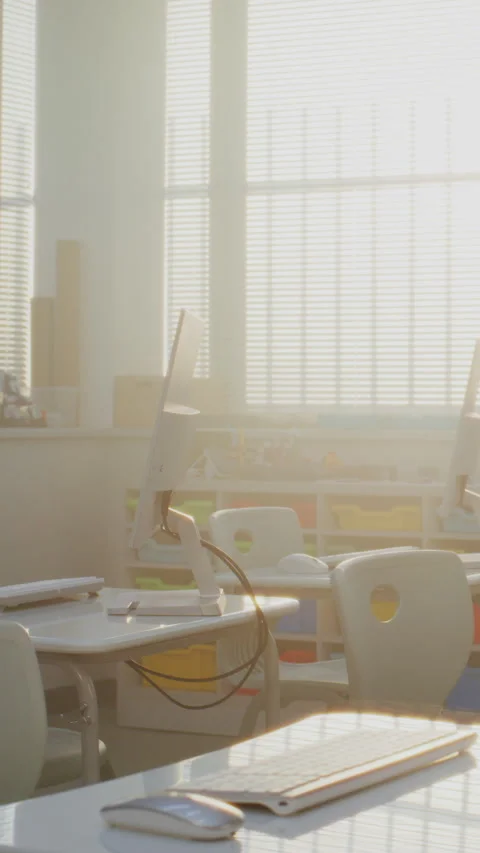 Modern Computer Classroom with White Desks, Chairs and Computer Monitors for Stock Footage 317171234