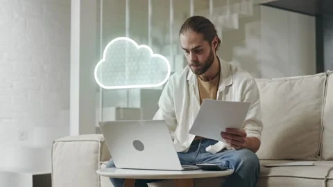 Modern Computer with Cloud Data Transfer Animation. Caucasian Man Working with Stock Footage 279925123