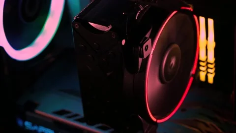 Modern computer cooling system, stylish design, LED lighting and high Stock Footage 221205747