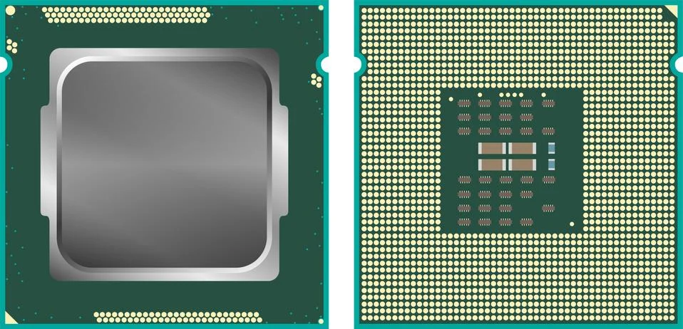 Modern computer core processing unit CPU, front and back face, isolated on white Illustrazione stock