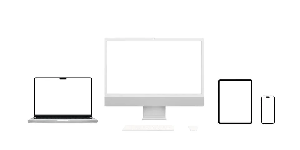 Modern computer devices, including computer display, laptop, tablet and phone Stock Photos