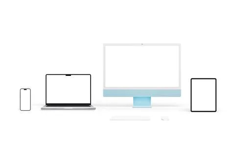 Modern computer devices with varied screen resolutions for app or web page Stock Photos