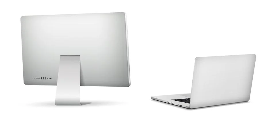 Modern computer display and laptop rear view isolated on white background Stock Illustration