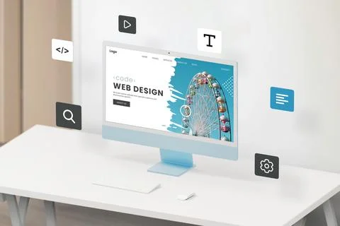 Modern computer display in an isometric view on a work desk 库存照片