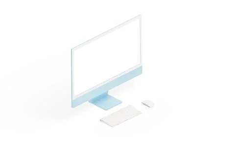 Modern computer display, keyboard and mouse on white surface. Isometric posit Stock Photos