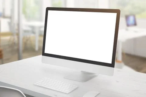 Modern computer display on white office desk. Isolated screen for mockup, app Stock Photos