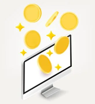 Modern computer with golden coins. 3d vector illustration isolated on white.. Stock Illustration