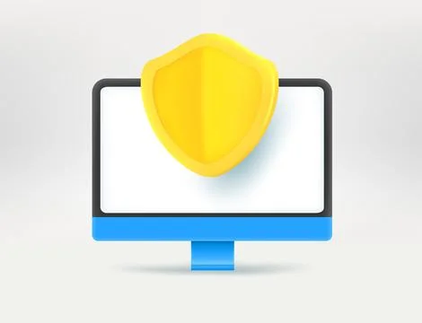 Modern computer with golden shield. Computer security concept. 3d vector il.. Stock Illustration