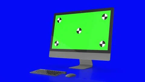 Modern computer with green screen, isolated on blue background . 3d render. イラスト素材
