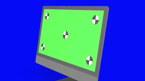 Modern computer with green screen, isolated on blue background . 3d render. Illustrazione stock