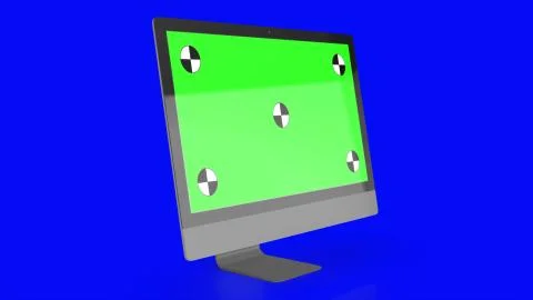 Modern computer with green screen, isolated on blue background . 3d render. Stock Illustration
