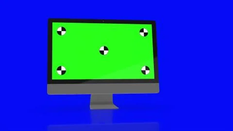 Modern computer with green screen, isolated on blue background . 3d render. Stock Illustration