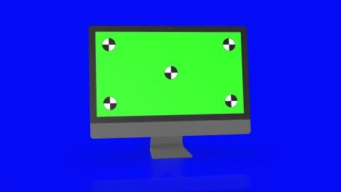 Modern computer with green screen, isolated on blue background . 3d render. Stock Illustration