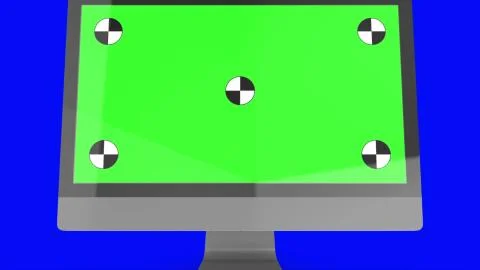 Modern computer with green screen, isolated on blue background . 3d render. Illustrazione stock