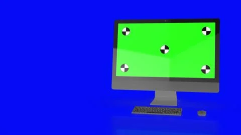 Modern computer with green screen, isolated on blue background . 3d render. 스톡 일러스트