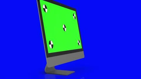 Modern computer with green screen, isolated on blue background . 3d render. Stock Illustration