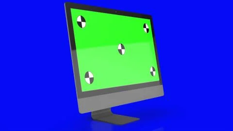 Modern computer with green screen, isolated on blue background . 3d render. Stock Illustration