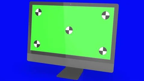 Modern computer with green screen, isolated on blue background . 3d render. Illustrazione stock