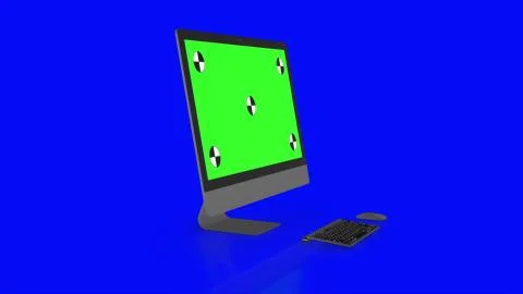 Modern computer with green screen, isolated on blue background . 3d render. イラスト素材