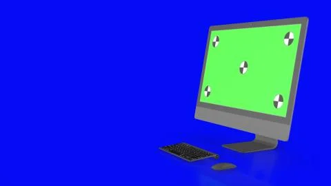 Modern computer with green screen, isolated on blue background . 3d render. Stock Illustration