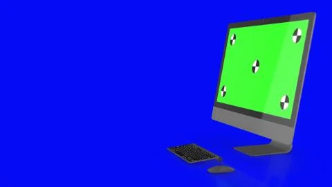 Modern computer with green screen, isolated on blue background . 3d render. Stock Illustration