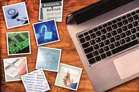 Modern computer information technology photo collage Stock Photos