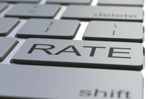 Modern computer keyboard with RATE button. 3D rendering Illustrazione stock