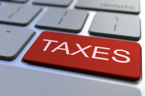 Modern computer keyboard with TAXES button. 3D rendering Stock Illustration