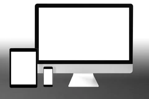 Modern computer laptop mobile phone and tablet isolate with clipping mask for Stock Illustration