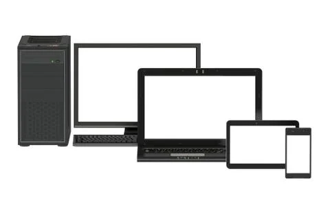 Modern computer, laptop, tablet and smartphone with white screen Stock Illustration