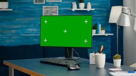 Modern computer with mock up green screen chroma key set up for personal Stock Photos