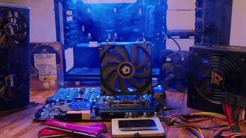 Modern computer parts with PC case on background. Minsk, Belarus - April 7, 2024 Stock Footage 277164633