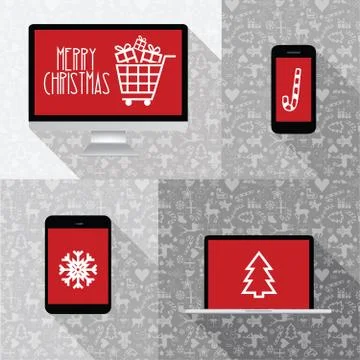 Modern computer, phone, tablet, laptop collection with red screen and christm Illustrazione stock