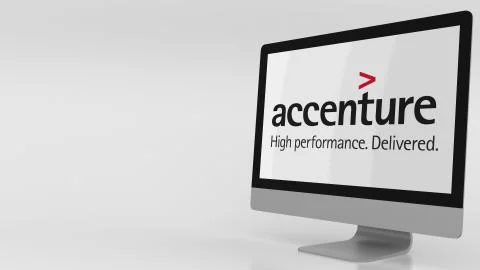 Modern computer screen with Accenture logo. Editorial 3D rendering Illustrazione stock