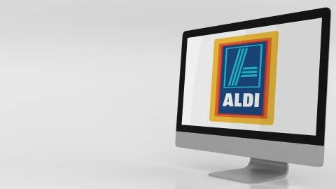 Modern computer screen with Aldi logo. Editorial 3D rendering Stock-Illustration